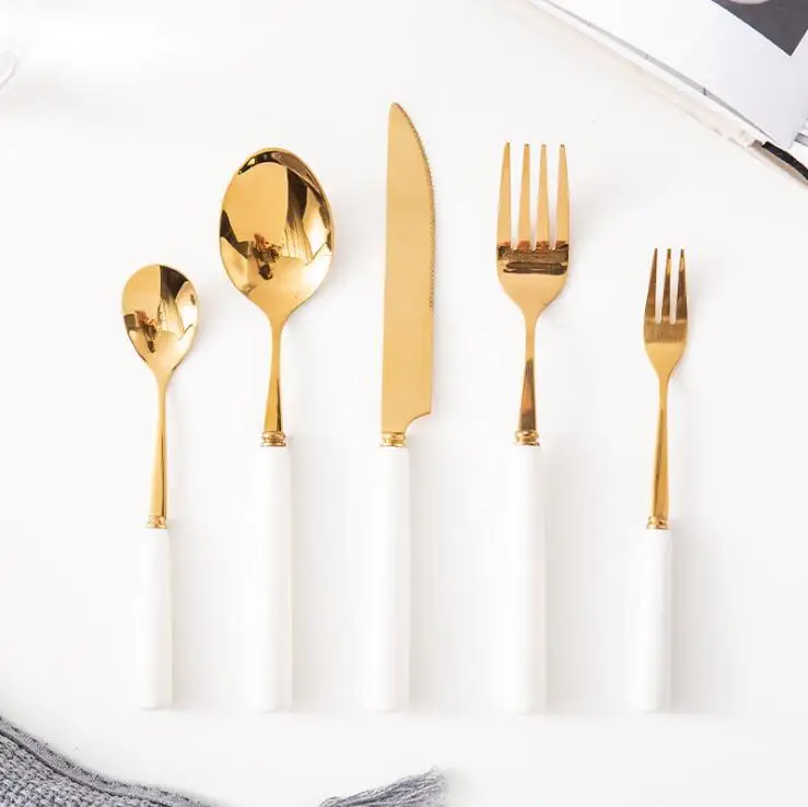 small MOQ bulk flatware stainless steel gold with white handle tableware for hotel and restaurant