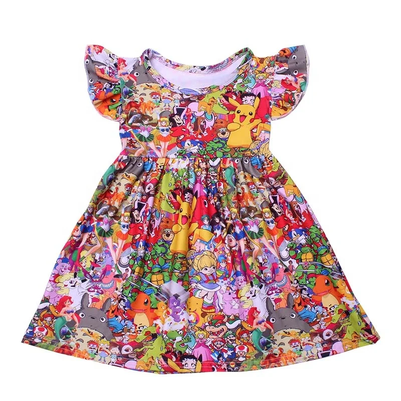 2020summer kids trendy clothes cute cartoon character design pearl dress for toddler girl  flutter sleeve milk silk skirts