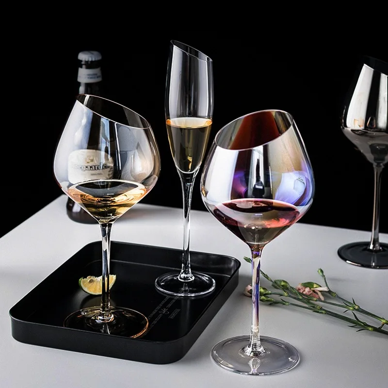 Hand-Blown Big Mouth Color Crystal Long Stem Slanted Wine Glass Wine Glass with Bevel  for Bordeaux  Wedding Gift Anniversary