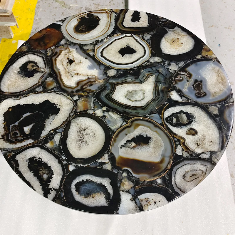 Natural Black Solid Surface Semi Precious Stone Veneer Onyx Geode Agate Round Table Top