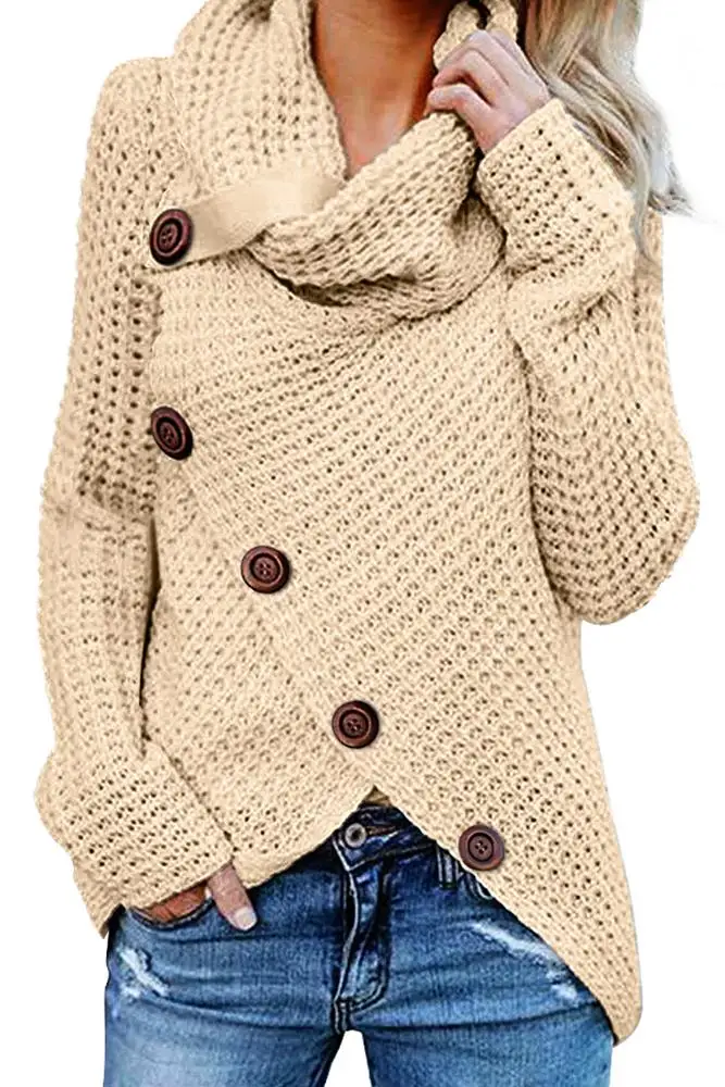 
Heather Buttoned Wrap Turtleneck Wholesale Sweater For Woman 