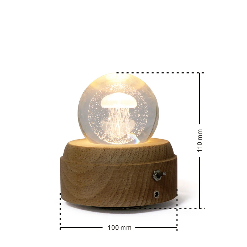 KC Certified Jellyfish Crystal Ball Music Box Led Night Light Wood Base Rechargeable Decoration Kids Bedroom Light