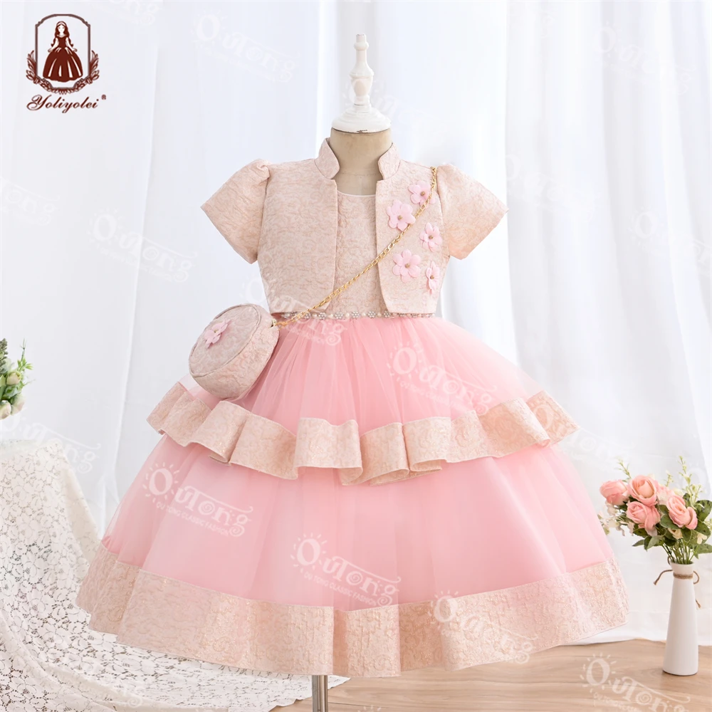 Outong Ready-Made Jacquard Fabric Ball Gown Princess Dress Infant Formal Birthday Baptism Party Kids Flower Girl Dresses 5-9Year