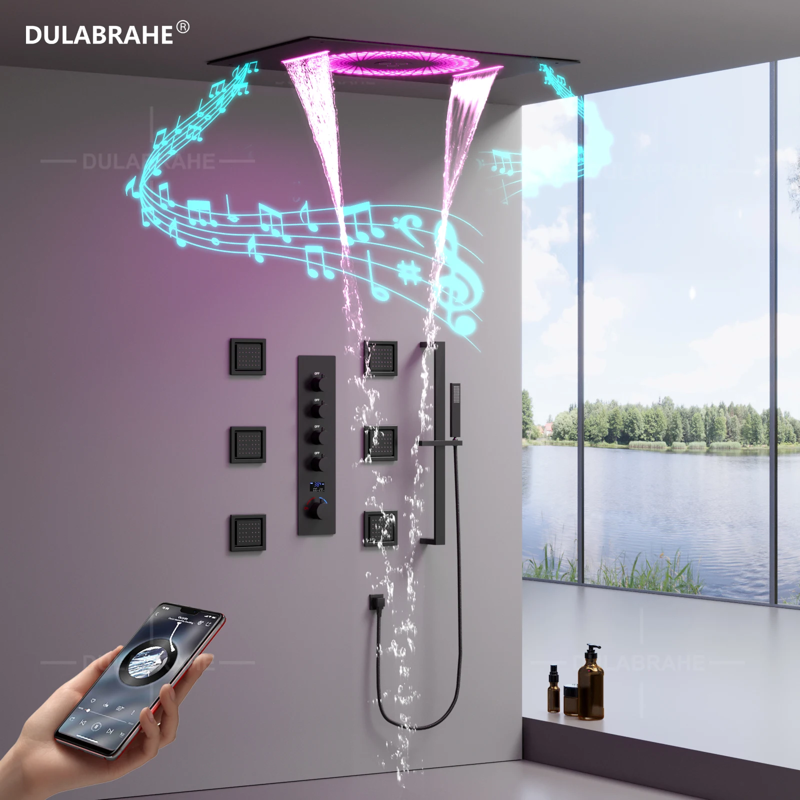 DULABRAHE 2024 NEW 600*400mm Music Cold and Hot Digital Display LED Rainfall Shower System 4 Functions Shower Faucet Set
