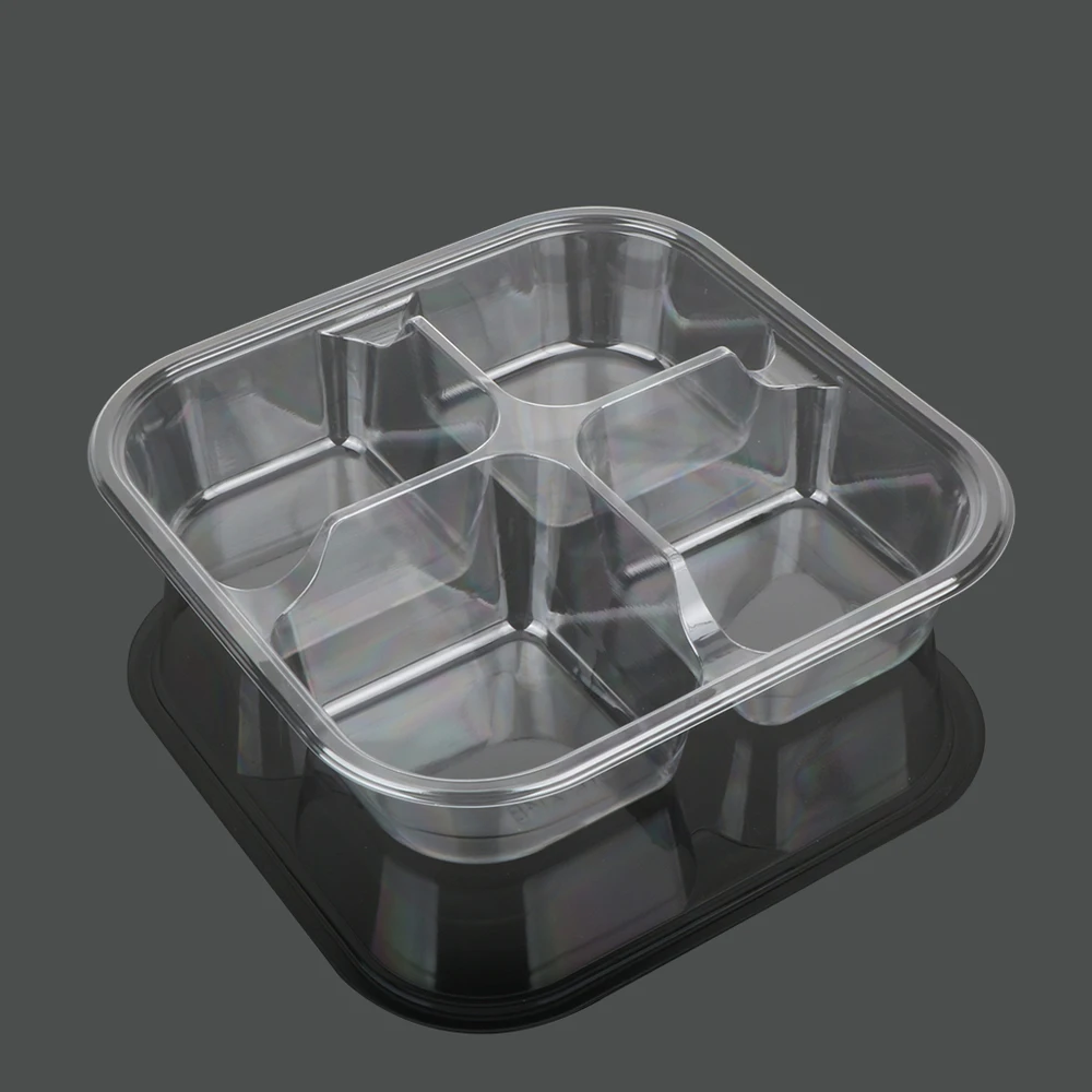 Одноразовый секционный квадратный черный пластиковый прозрачный контейнер с крышкой