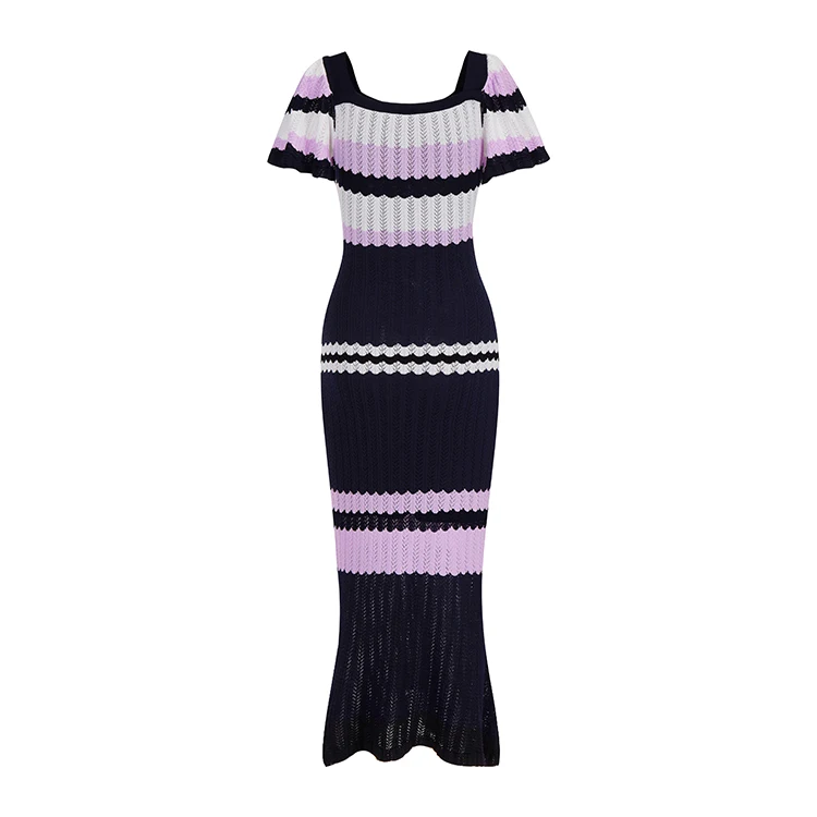Knitwear manufacturers custom summer against color square collar wave stripe slim elegant fashion long women kint dress