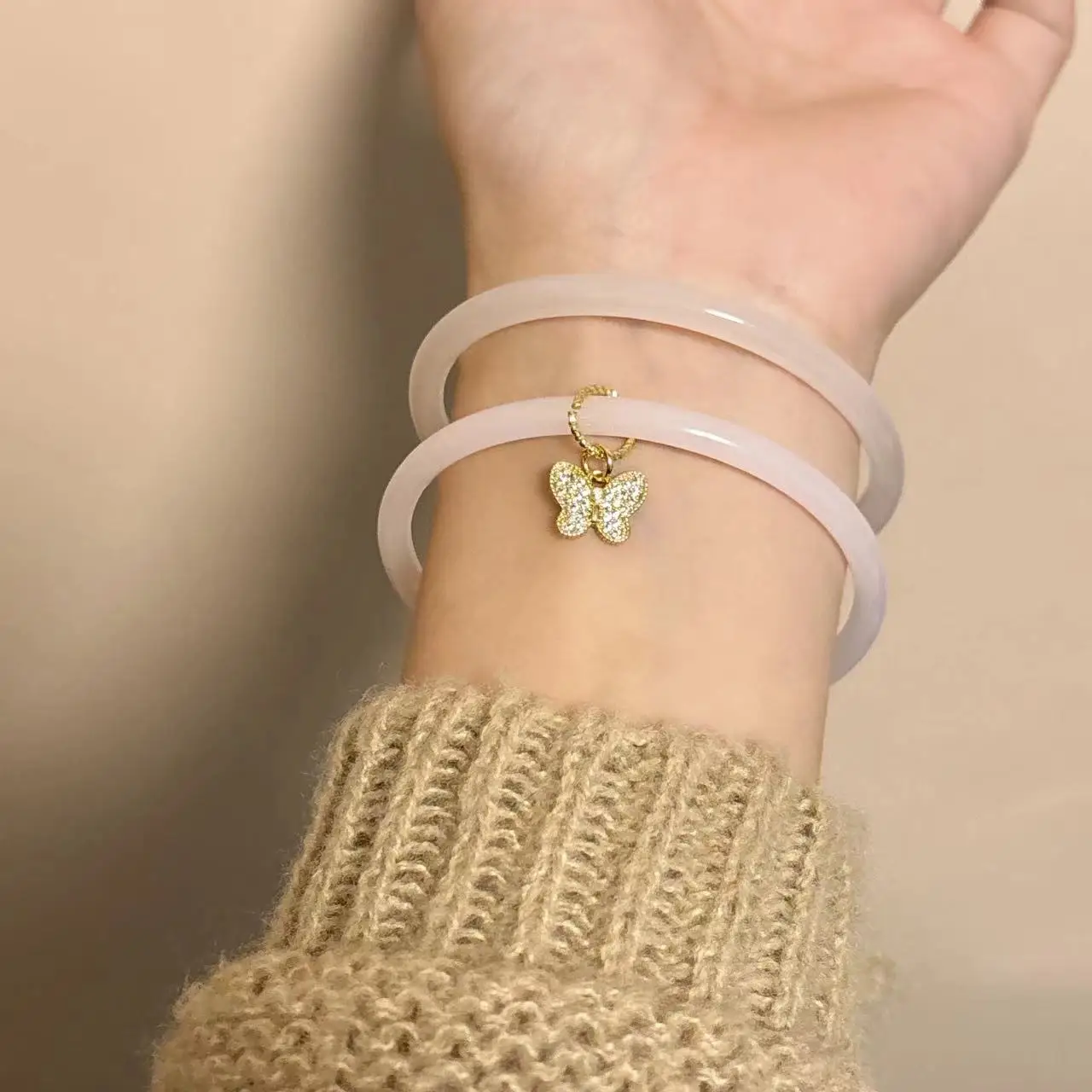 Chinese Style Gradient Color Imitation jade Bangle Zircon Butterfly Charm Cuff Bracelet chalcedony Glaze bracelet for Women