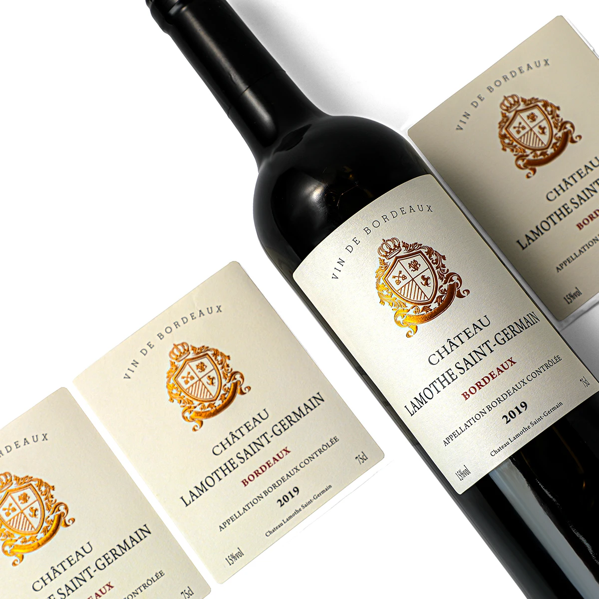 Custom Printing White Embossed Gold Foil Spot Uv Wine Label Customised Wine Bottle Labels