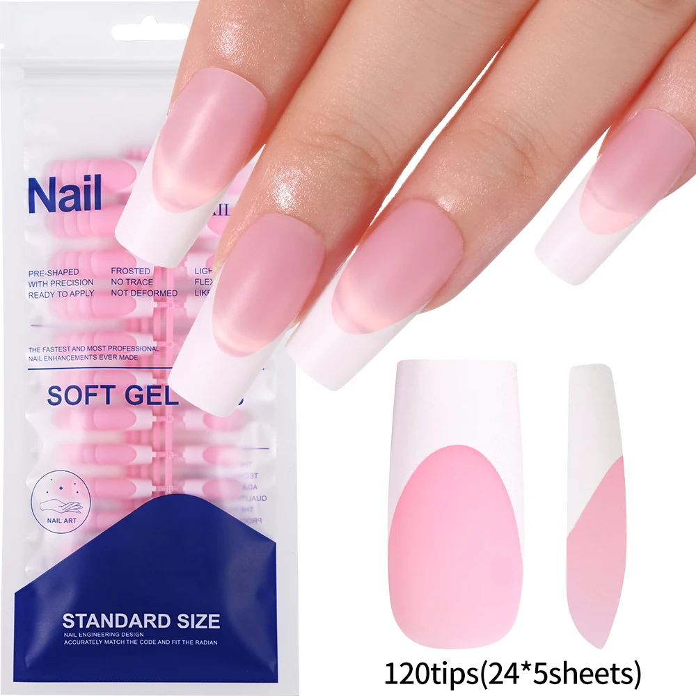 120Tips (24*5Sheets) Medium Square Full Cover Press On Nails  Glossy Geometry Pattern Nude and Pink Reusable Artificial Tips