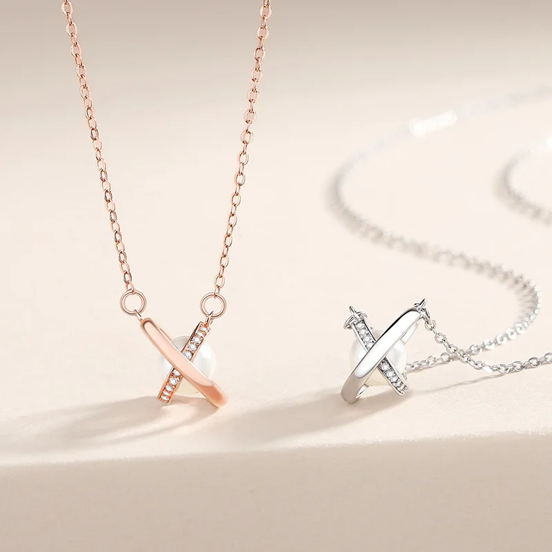 925 Sterling Silver Rotating Planet Zircon Necklace Shell Pearl Pendant Concentric Circle Clavicle Chain Necklace Jewelry