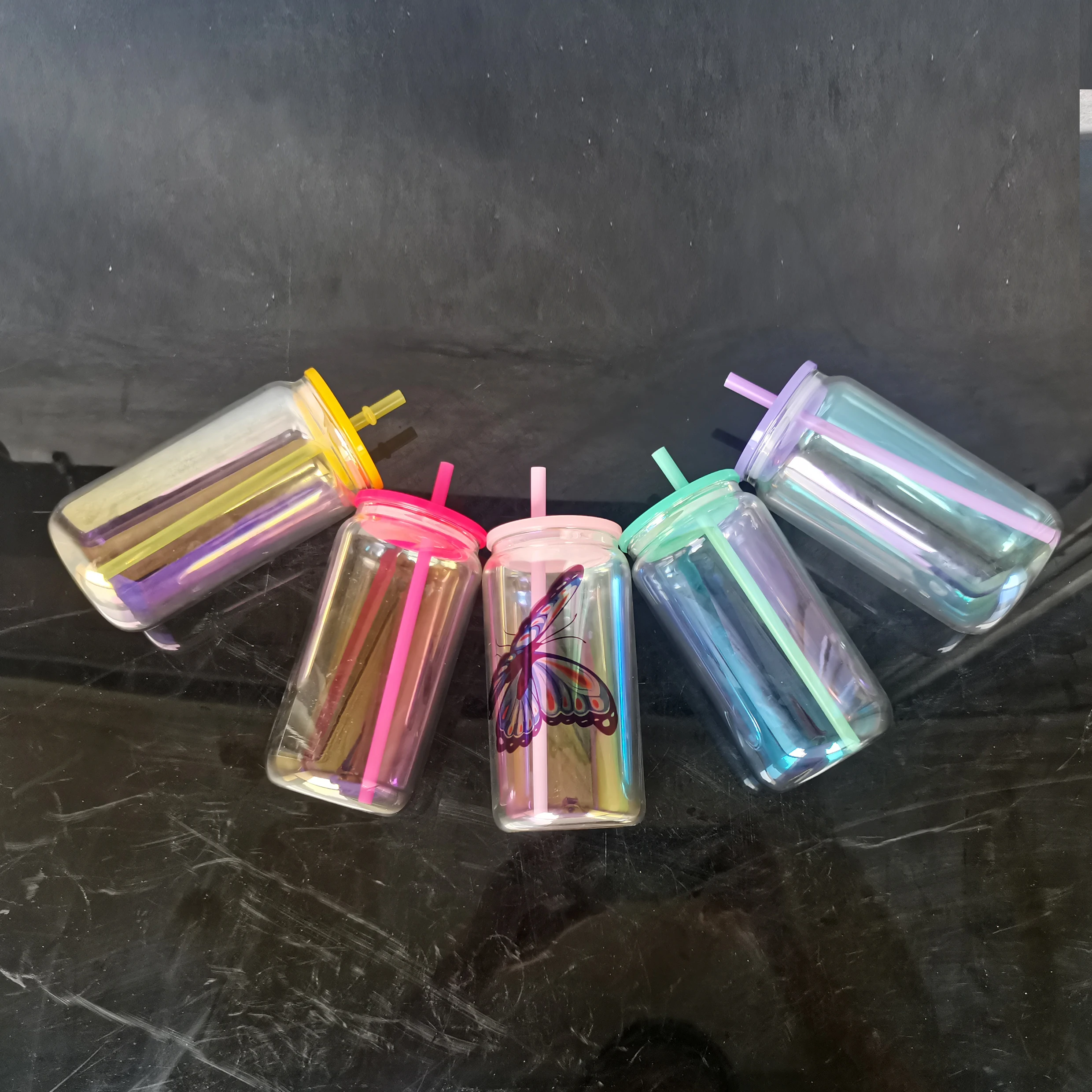 wholesale bulk iridescent rainbow plated blank sublimation with colored lids and straw  Holographic 16oz beer glass can
