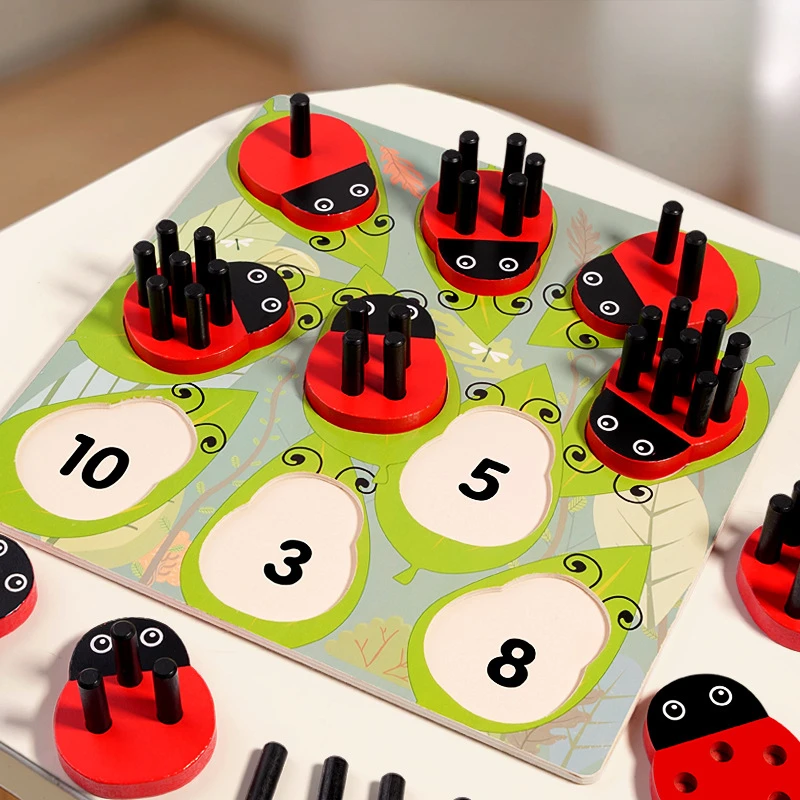 Manufacture Wooden Ladybugs Puzzle Game Toys Educational Math Counting Board Early Learning for Kids