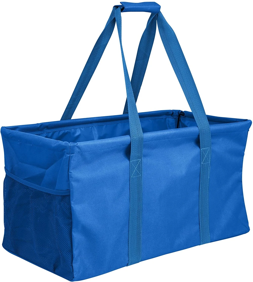 Custom Large Practical Handbag Foldable And Reusable Wire Frame Rectangular Canvas Basket With Two External Pockets