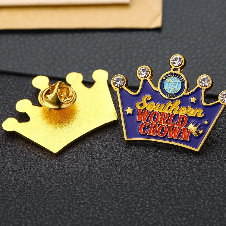 Custom Gold Plated Metal Rhinestone Lapel Pins Crown Shaped Dance Enamel Pin with Diamond