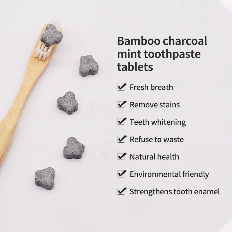 Vegan private label Mint Bamboo Charcoal Woman toothpaste tablets natural stain removal whitening mouthwash tablets 62 pcs