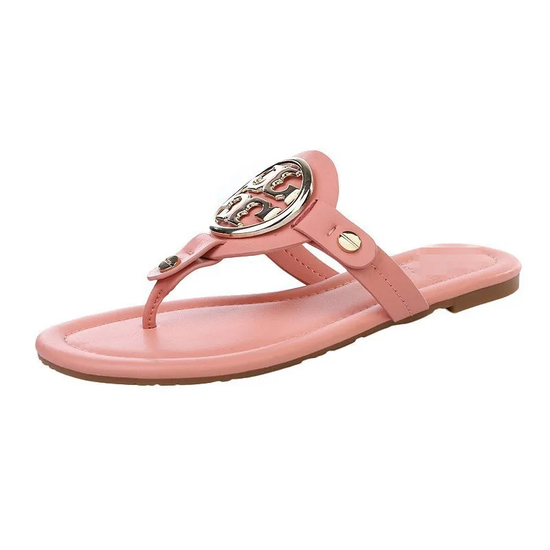 logo gold tops fashion PU ladies flip flop  beach slippers women latest lady summer footwear leathershoes for girls women