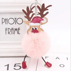 Wholesale Pu Christmas Fur Ball Keychain Elk Pendant Imitation Rabbit Plush Pom Pom Key Chain Cute Reindeer