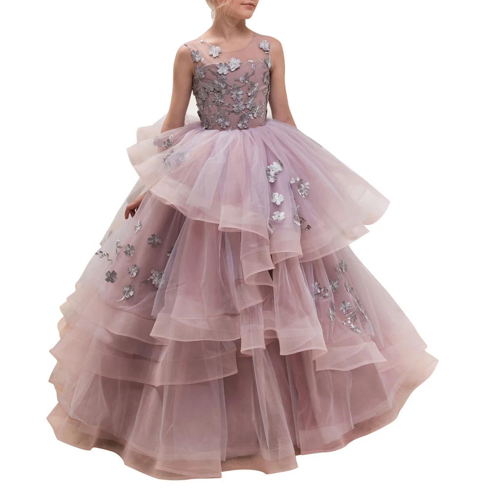 Boutique Wholesale Kids Evening Gown Girls Dress Wedding Party Long Gowns Baby Purple Dressing Tulle Princess Dresses