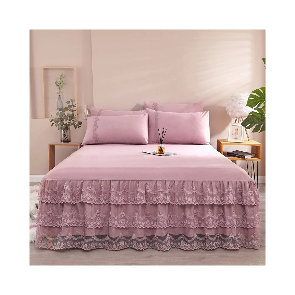 European luxury princess Printed romantic Brushed cotton elegant lace bedspread bed skirt sheet