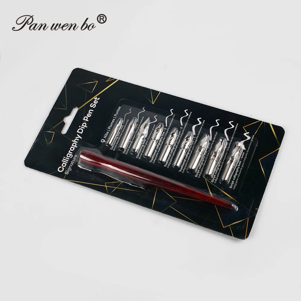Panwenbo Calligraphy Pen Set one wooden pen holder 9 nibs for Beginners - Fountain Dip Pen Ink Set With Replaceable Nibs