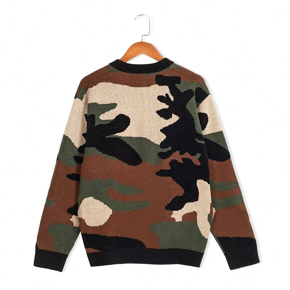 2022 Wholesale Custom Knit Military Style Wool Cotton Long Sleeve Crew Neck Camo Jacquard Camouflage Pullover Sweaters Man