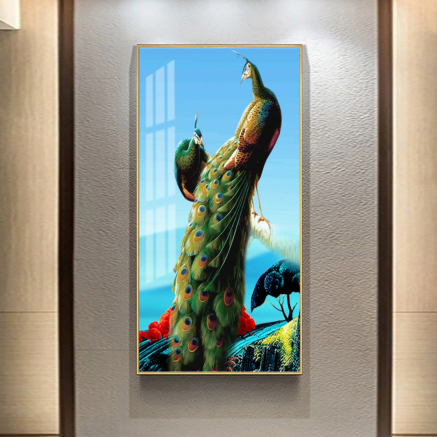 Best price classic peacock in green feather and blue feather frames wall home decoration artwork painting