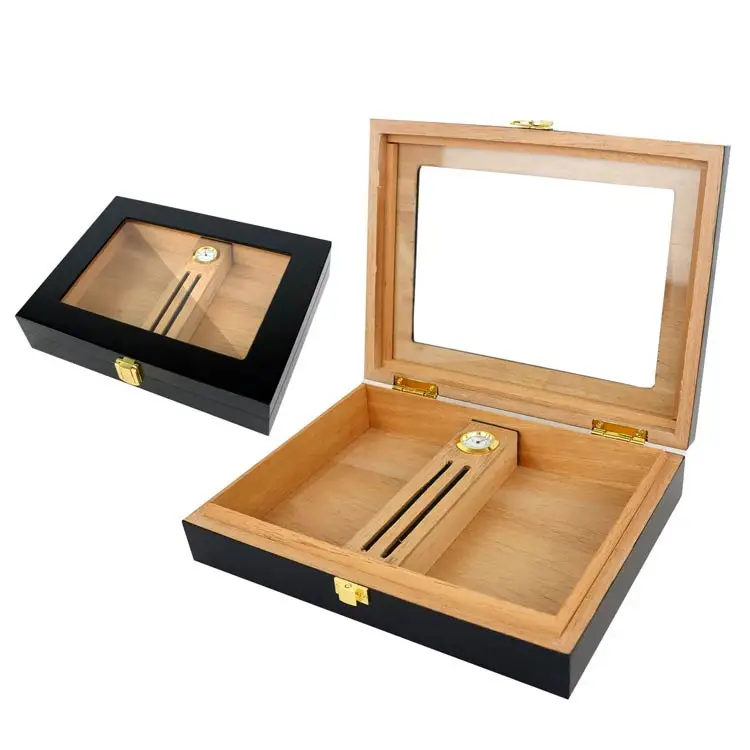 Personalized Cigar Gift Box Custom Wood Black Cigar Glass Top Made In China Cigar Humidor