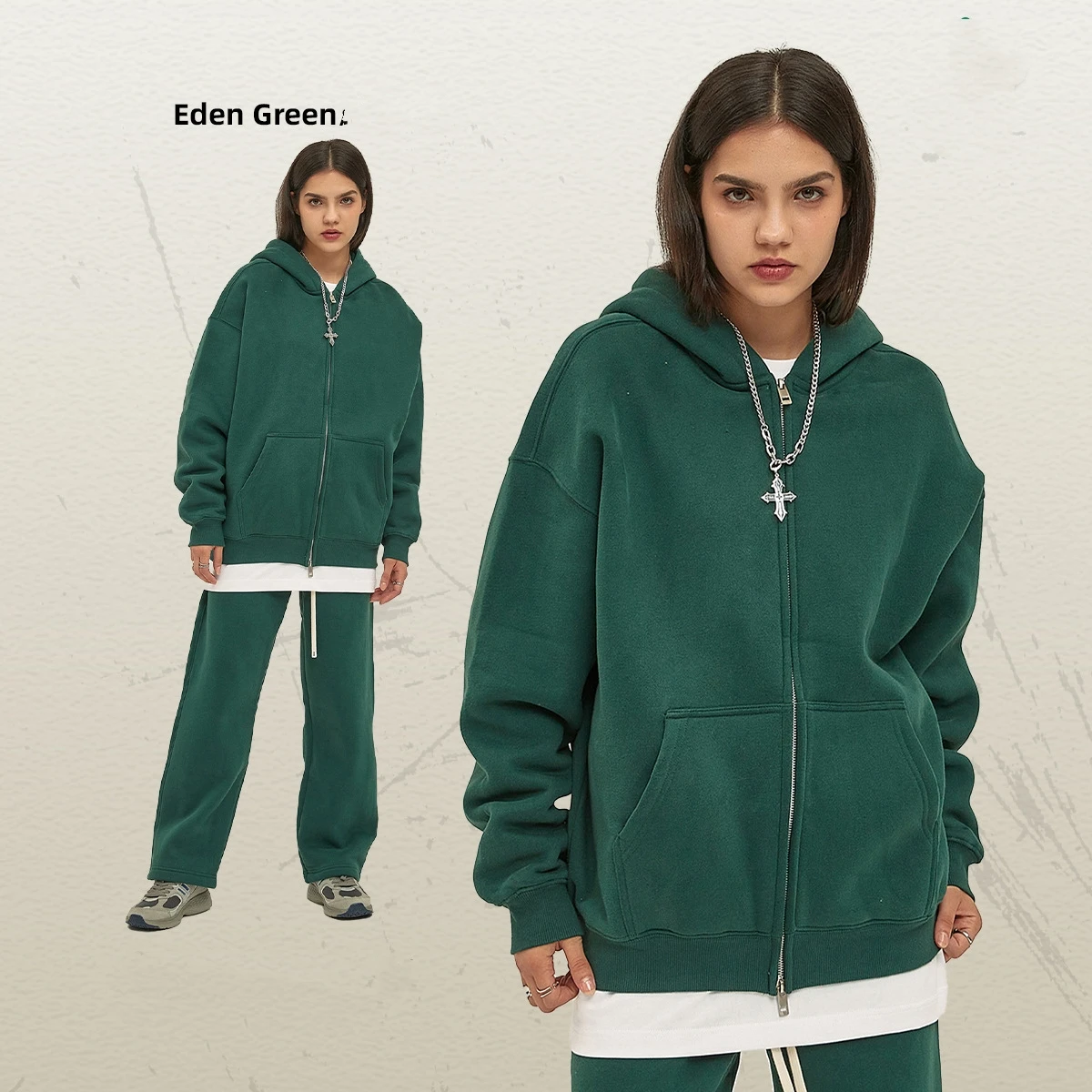 New product with fleece thickening 350g fashion zipper men custom logo heavyweight sweatshirt pants set