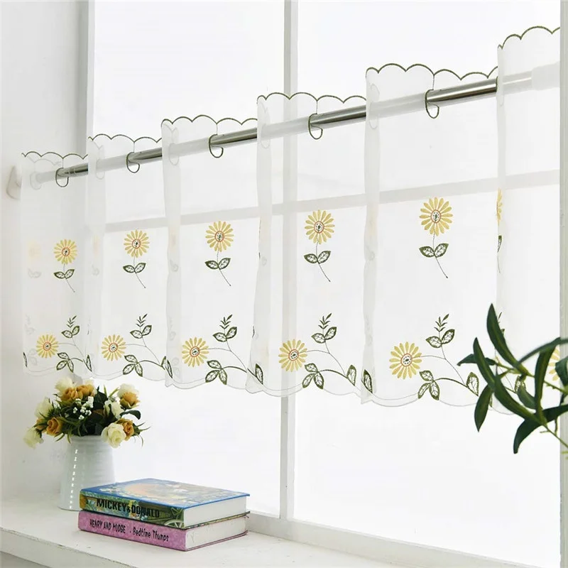 Yellow Daisy Kitchen Sheer Curtain Sunflower Embroidery Short Window Valances Without Curtains Yellow Floral