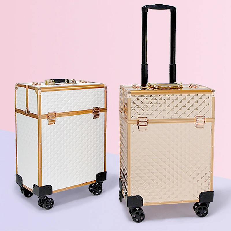 Professional ABS Makeup Case with Wheels, Rose Gold Diamond Pattern, Large Capacity and Customizable for Nail Tools