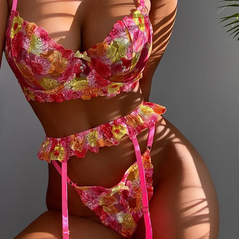 Модное высококачественное женское сексуальное нижнее белье, кружевное прозрачное Сетчатое нижнее белье с цветочной вышивкой, комплект нижнего белья из 3 предметов