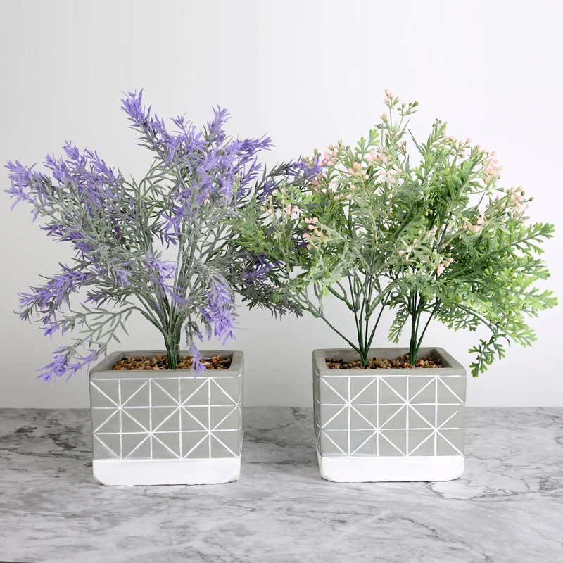 
Wholesale square grey artificial flowers in concrete cement shallow planter pot for indoor plants 