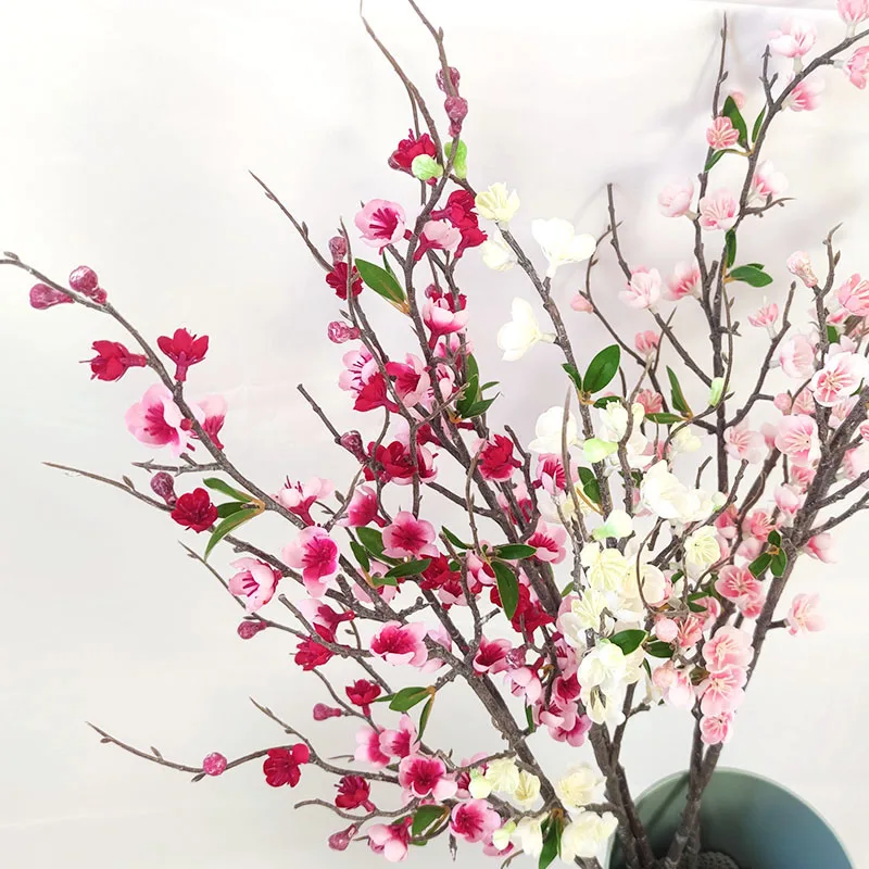 YIWAN Wholesale Thick stick silk 5 Forks Peach Blossom  fake Plum blossom Artificial Flowers For Home Wedding Decoration