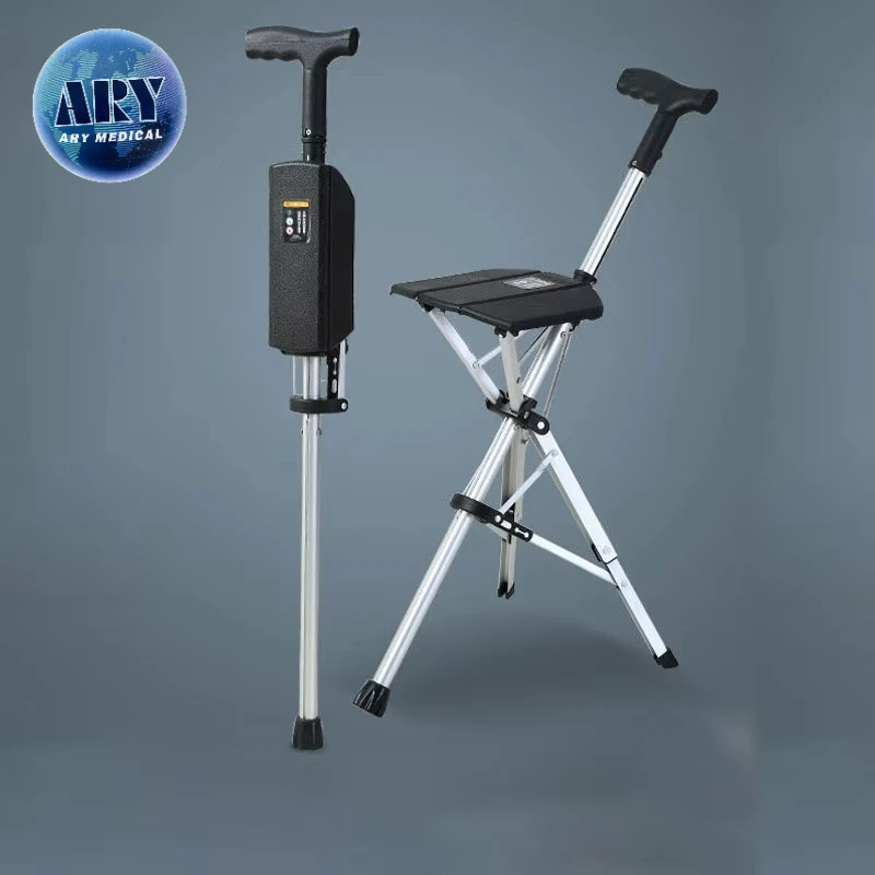 Lightweight Electric Foldable Folding Three Legs Cane Elderly Walking Stick With Seat Stool Open the with One
