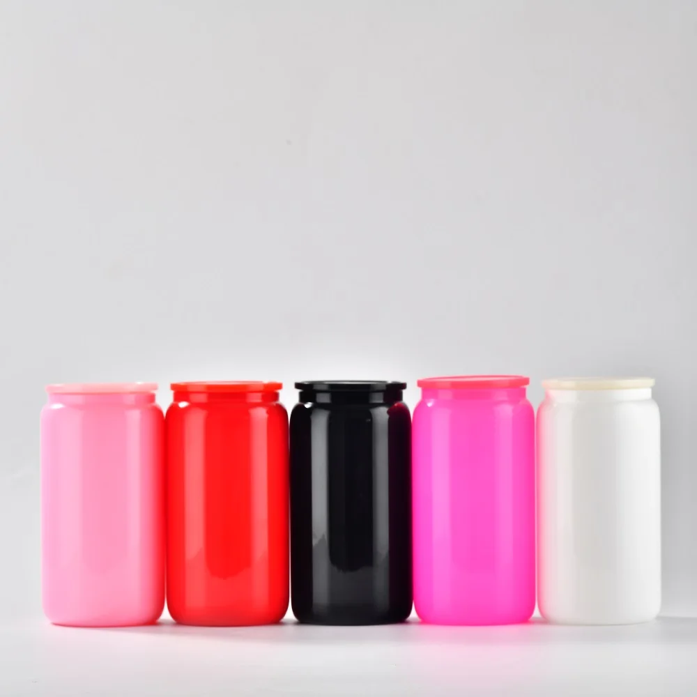 hot sale Sublimation Beer Drinking Glasses 16oz colorful solid color Black Glass Beer Can With Lid
