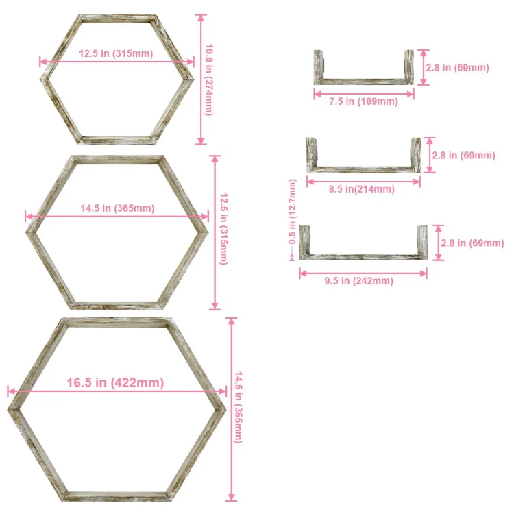 Set of 6 Decorative Wooden Wall Mounted Storage Shelf 3 Hexagon Shape 3 Small U Shape Floating Wood Shelves