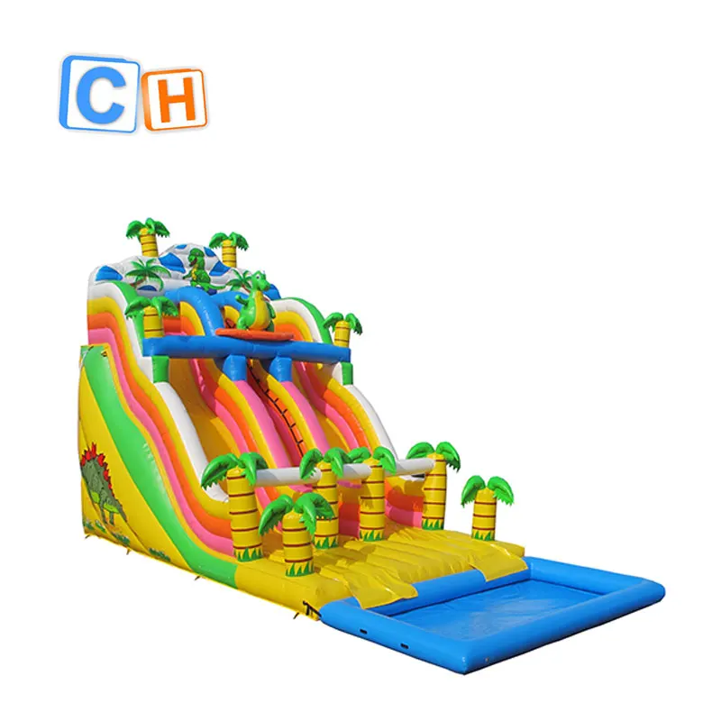 
 Надувная водная горка с бассейном на тему джунглей в виде динозавра, Детская летняя надувная водная горка с двумя полосами  
