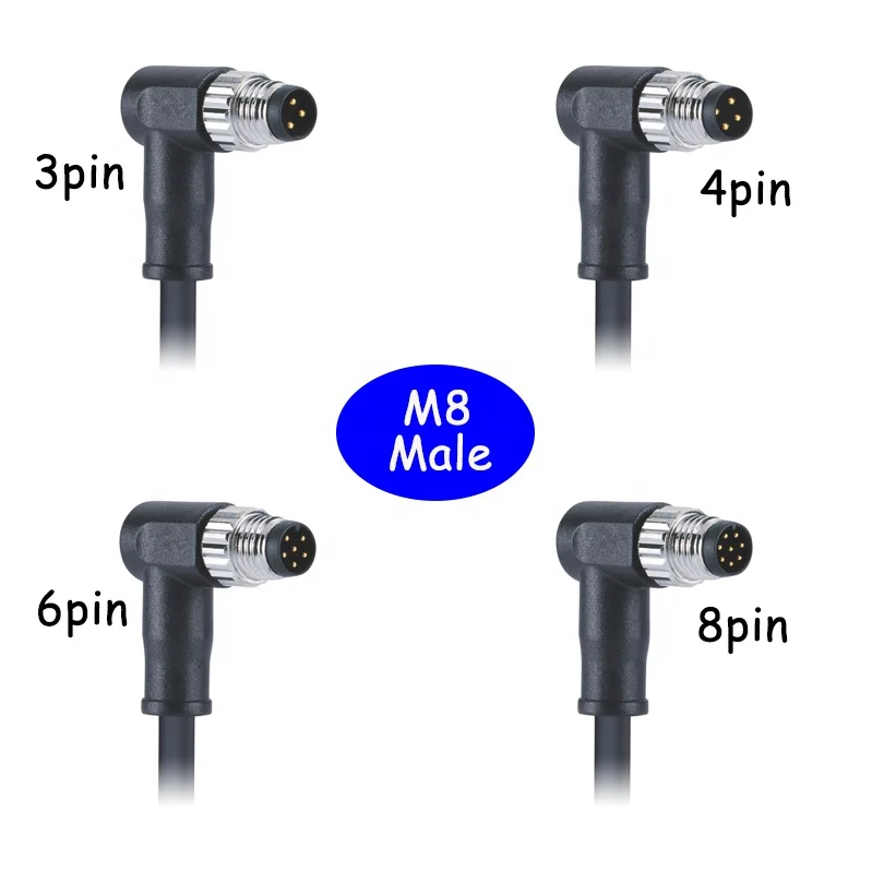 M8 3pin 4pin 6pin 8pin Male to Female Connector CNC Screw Right Angled Molded Cable
