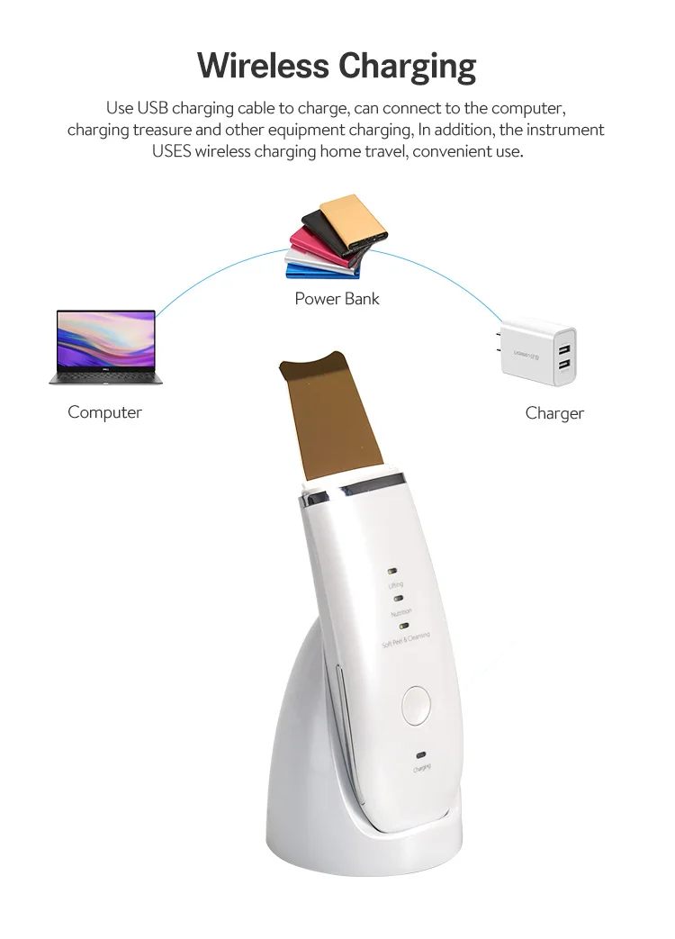 Factory ready to ship deep pore cleaner stainless steel  24K gold waterproof wireless charger Ultrasonic Skin Scrubber