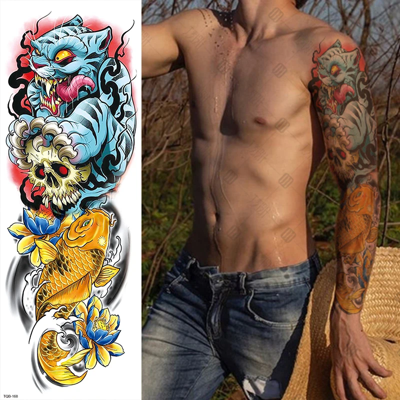Wholesale Large Arm Sleeve 3D Tattoo Waterproof Temporary Tattoo Sticker Lion Crown King RoseWild Wolf Tiger Men Full Skull