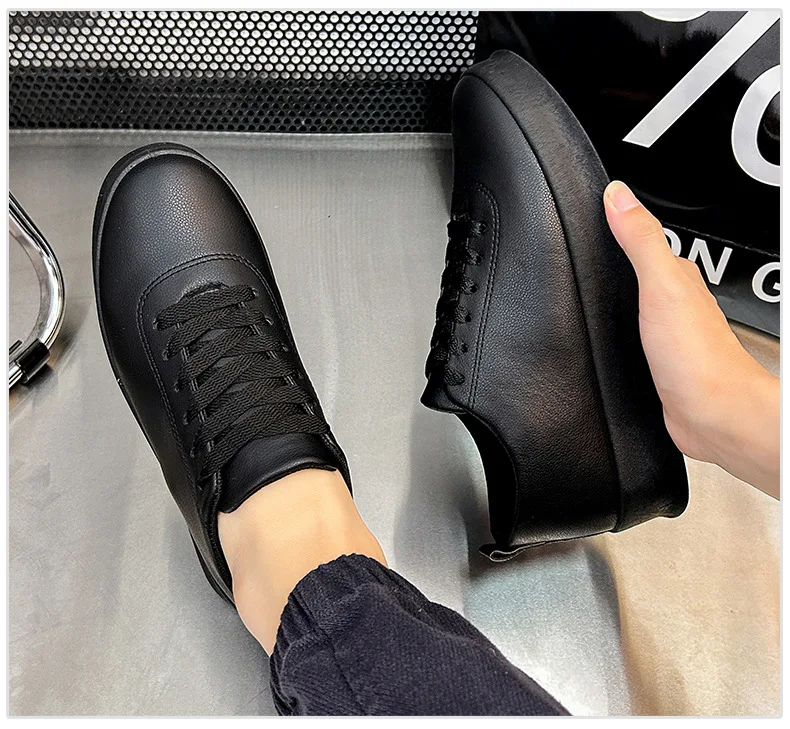 Mens Sneakers Four Seasons Skateboarding Shoes Small Black Lazy Shoes  Casual Lightweight Sports Student Lace Shoes