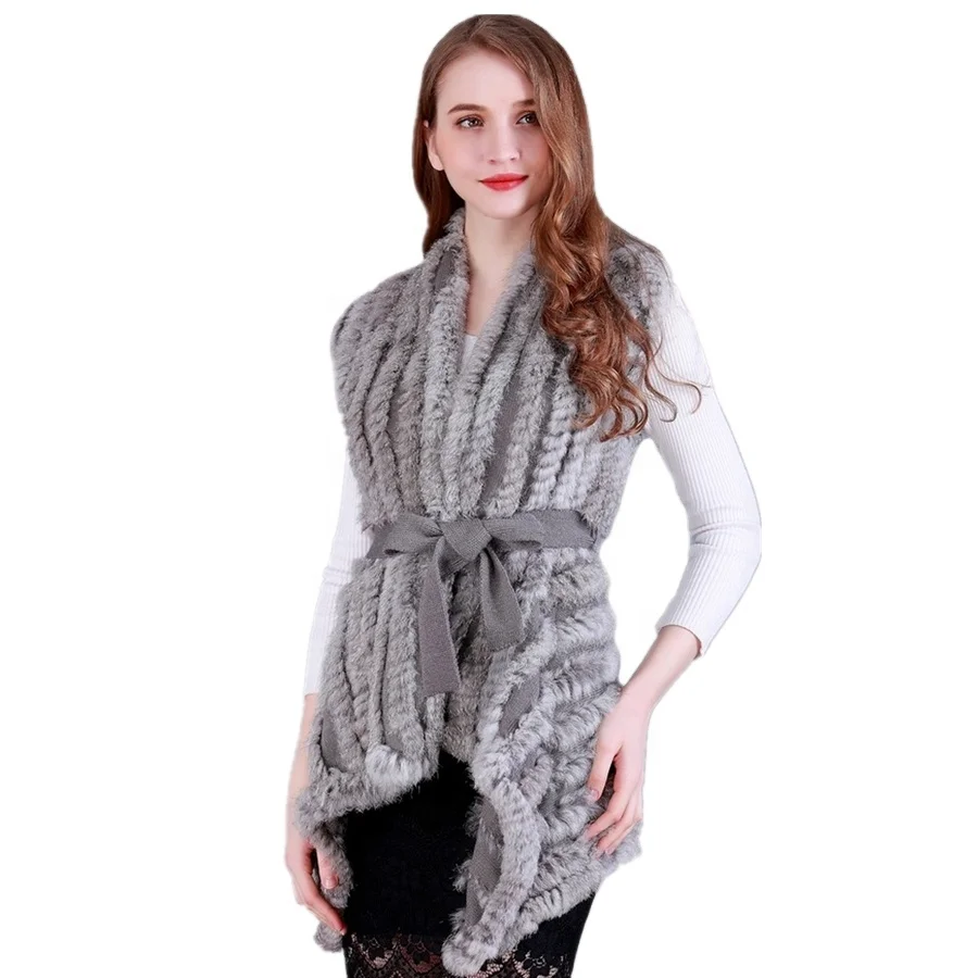 ZDFURS * Women Genuine Knitted Rabbit Fur Vests with belt sweater cardigan real rabbit fur waistcoat