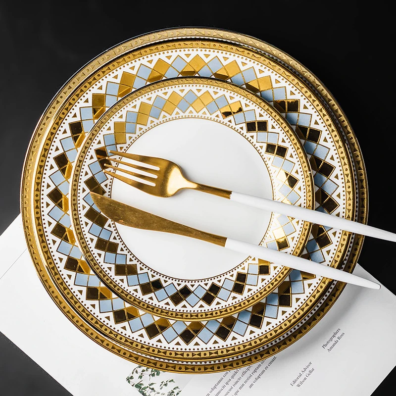 Hotel Restaurant Luxury Dish Set Gold Rim White Ceramic Steak Pasta Plates Food Dinner Plate