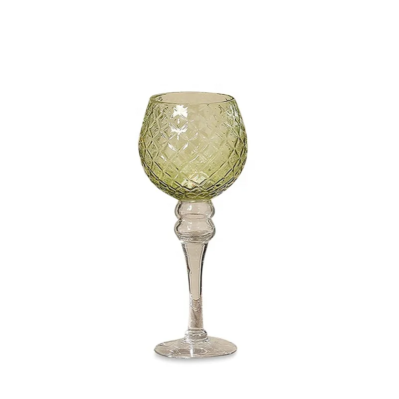 Set of 3 Small diamond pattern yellow-green glass Long Stem Candle Holder