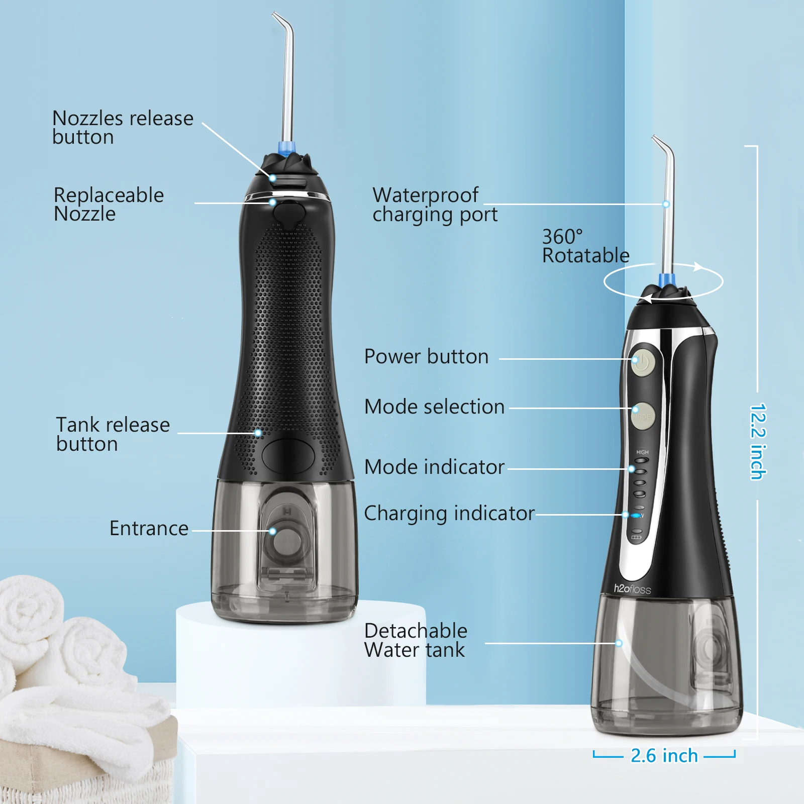 h2ofloss 2500mAh Portable Dental IPX7 Waterproof Water Flosser Travel-friendly Dental Pick Jet Dental Flossers