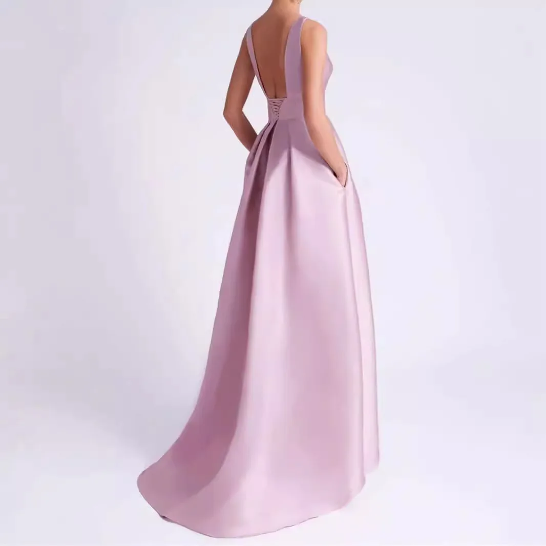 S1852R New sweet sleeveless satin fashion silky high quality flower pretty evening dress