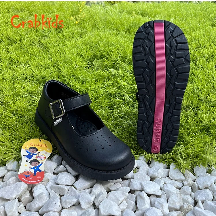 Crabkids High quality formal kids school performance student black leather school shoes for girls