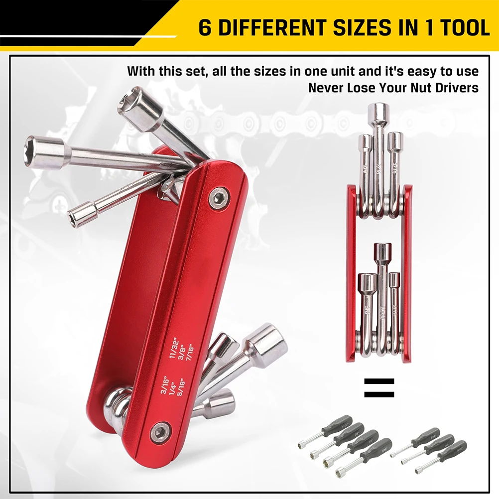 6 in 1 Folding Nut Driver Set Metric, Hex Nut Driver Set, Folding Socket Wrench, Cr-V Shank, Portable Premium Aluminum Handle