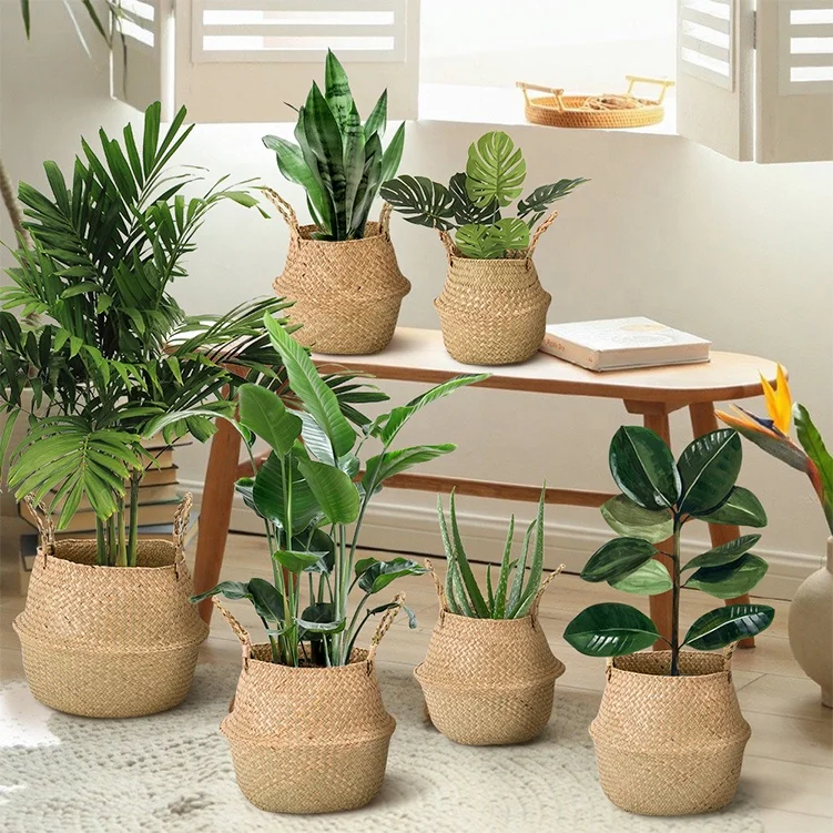 Handmade Woven Rattan Seagrass Tote Belly Basket Plant Pots Cover Indoor Decorative