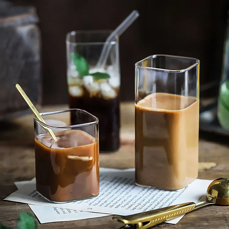 Hot sale cheap price square shape frozen drink glass cups clear glass cup for juice smoothie milk tea coffee